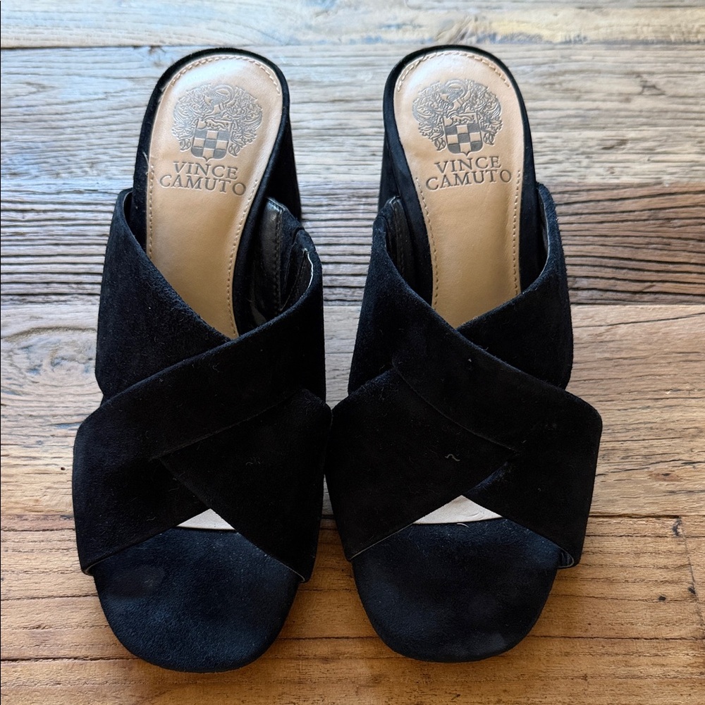 Vince Camuto Black Suede Crisscross Slide Mules